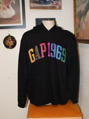 GAP 1969 Multicolor Logo Black Pullover Hoodie Size Large